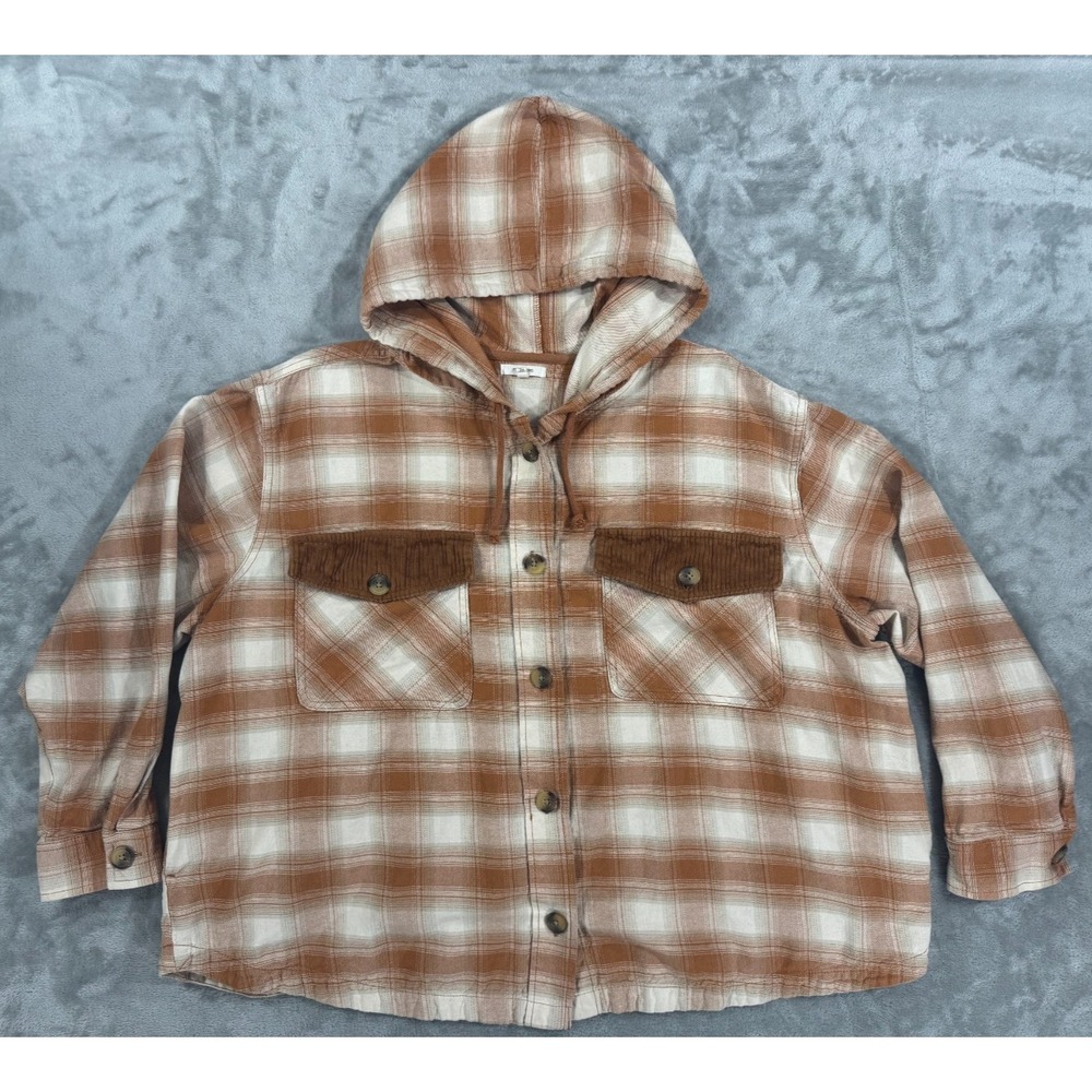 Maurices Hooded Flannel Shirt Womens 2X Plus Brown Shacket Corduroy Flap Pockets